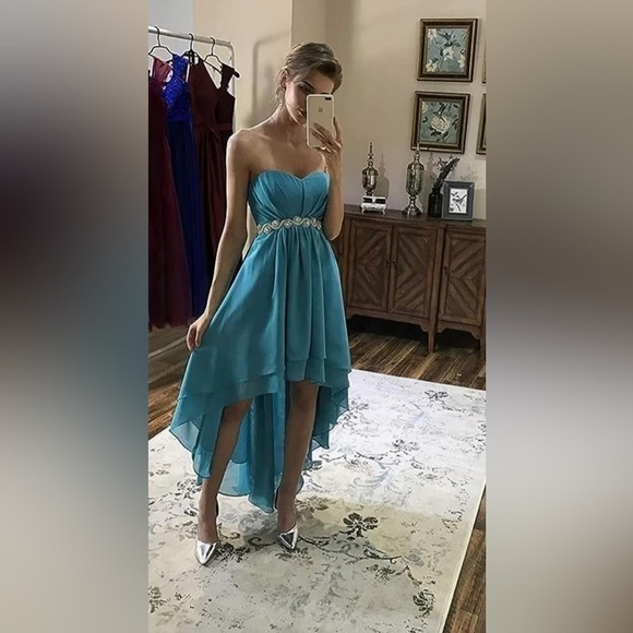 Blue Strapless High Low Bridesmaid Dresses Wedding Event Party Gowns - Picture 5 of 12